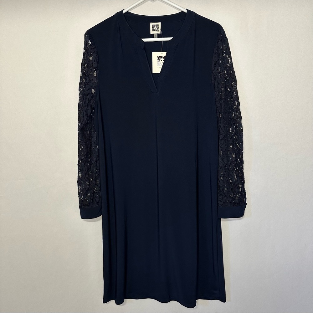 Anne Klein Jersey Knit Shift Midi Dress Lace Sleeves Navy Blue Women’s Size 10
